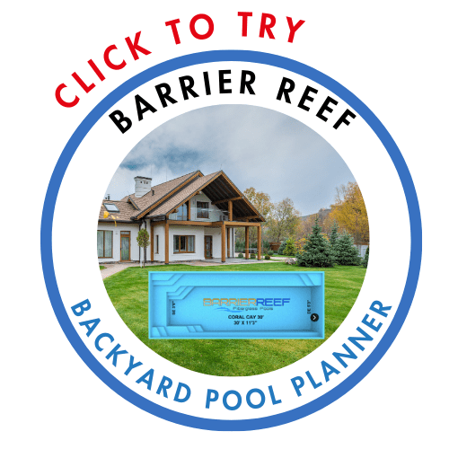 backyard pool planner promotion and invitation; house with pool shape in yard