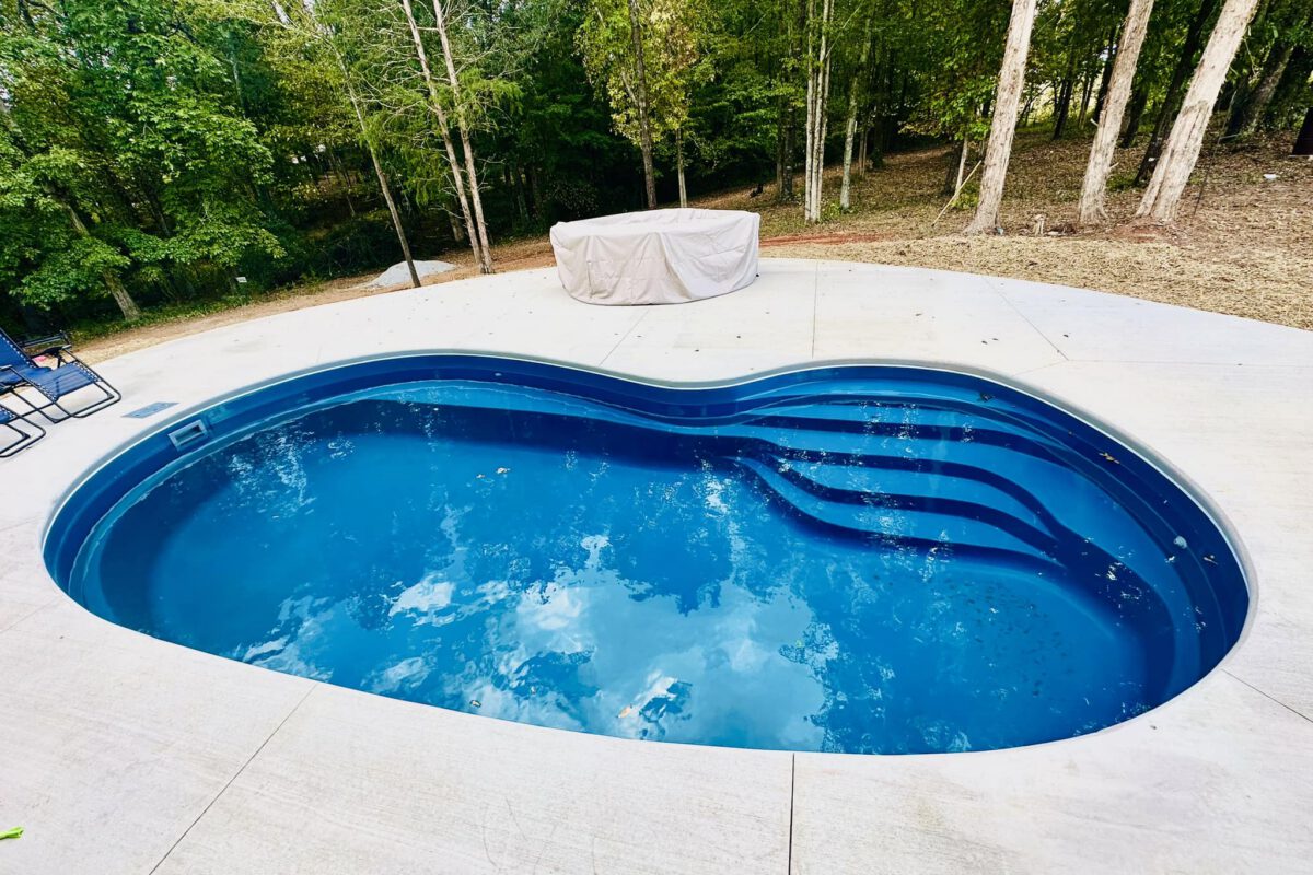 Modern backyard featuring a fiberglass inground pool with tanning ledge by Barrier Reef Pools.