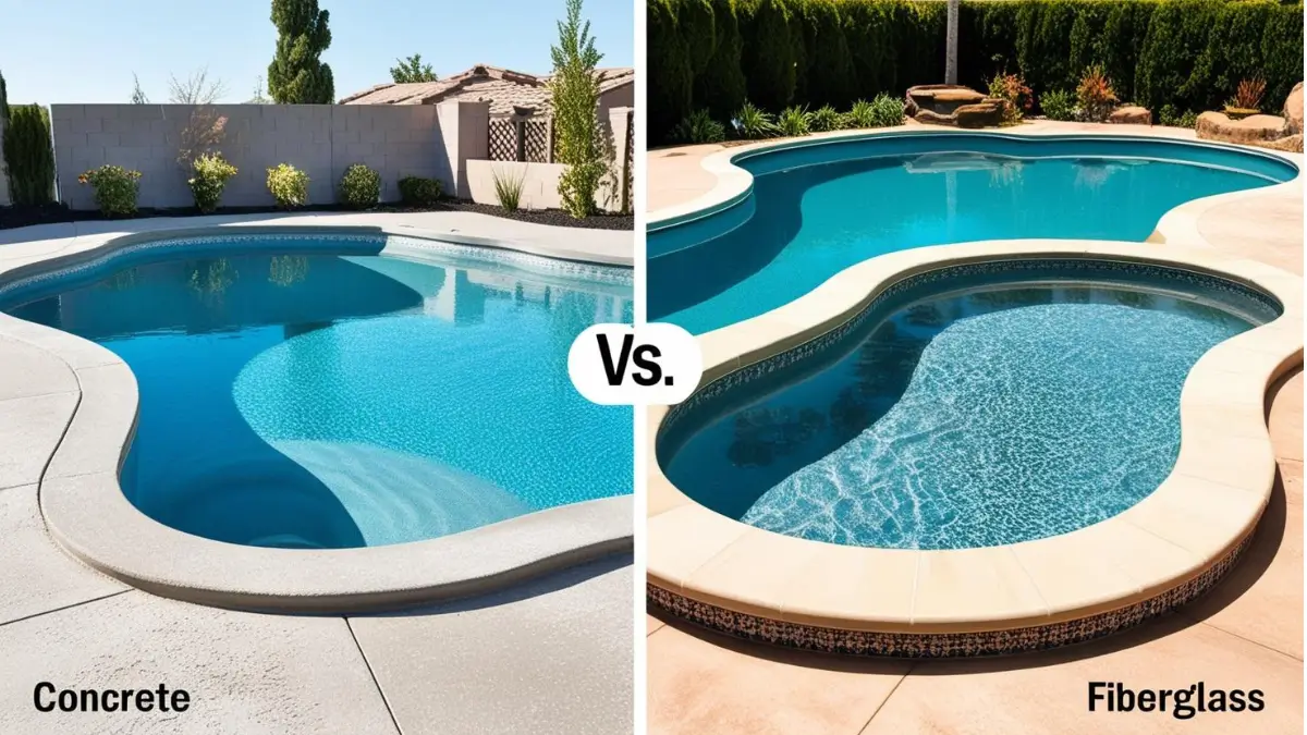 Side-by-side comparison of concrete pool and fiberglass pool showing surface and design differences